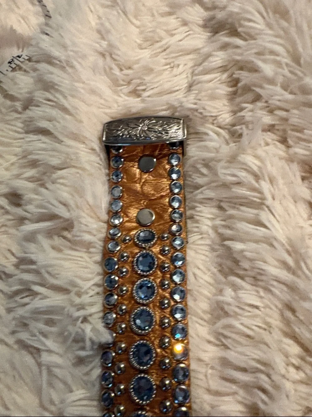 Kippy’s  bronze  metallic leather belt with light blue Swarovski crystals.